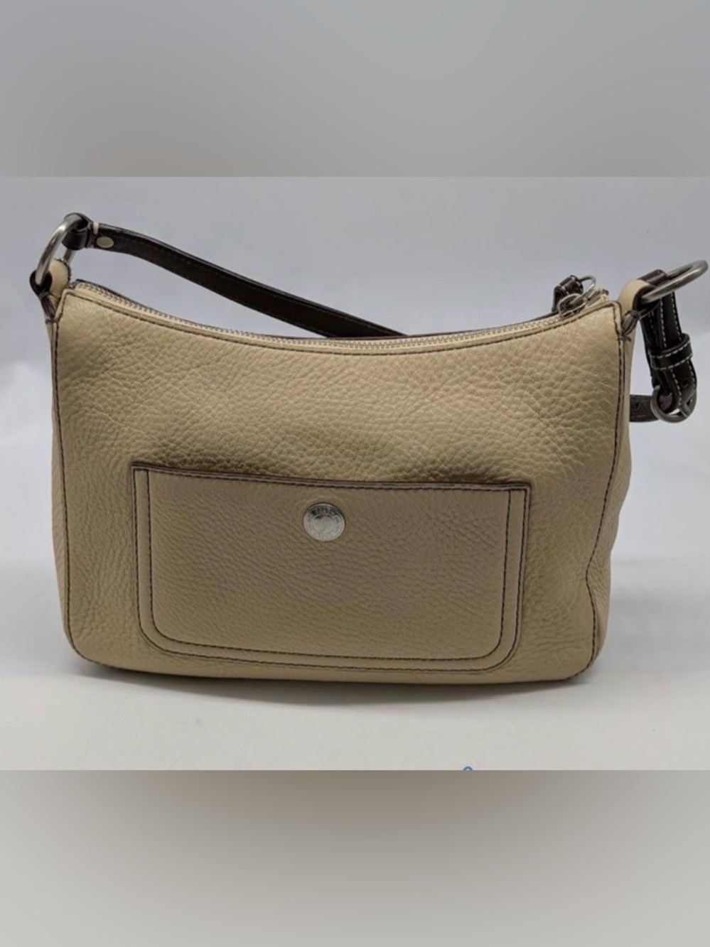 Coach Beige Pebbled Leather Brown Trim Chelsea Shoulder Bag Top Zip Closure
